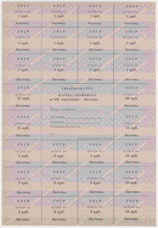 Бона. Украина. Киевская область. Карточка потребителя (200 карбованцев) на ноябрь 1991 год. (без печати).