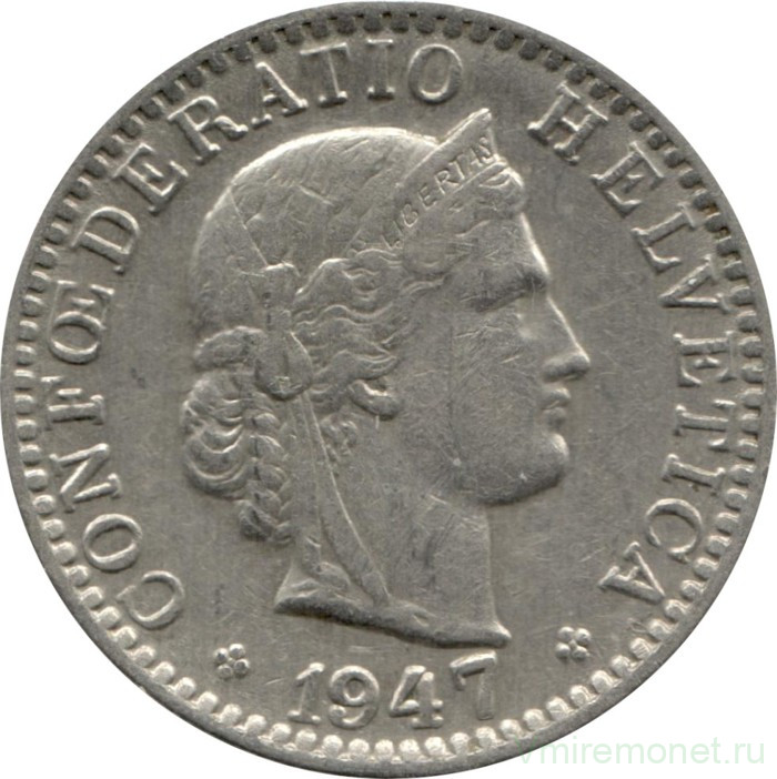 Монета. Швейцария. 20 раппенов 1947 год.