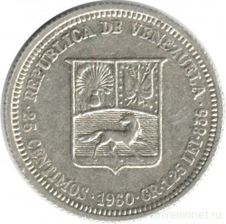 Монета. Венесуэла. 25 сентимо 1960 год.