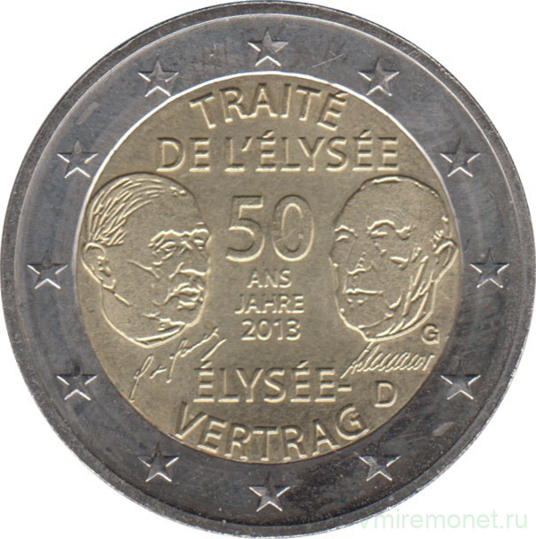 Монета. Германия. 2 евро 2013 год. 50 лет подписанию Елисейского договора (G).