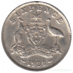 Монета. Австралия. 6 пенсов 1939 год.