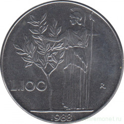 Монета. Италия. 100 лир 1988 год.
