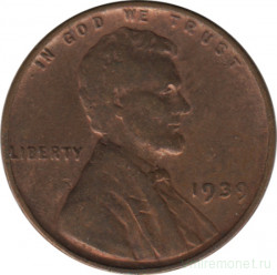 Монета. США. 1 цент 1939 год.