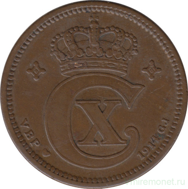 Монета. Дания. 5 эре 1914 год.
