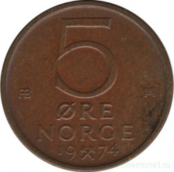 Монета. Норвегия. 5 эре 1974 год.