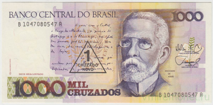 Банкнота. Бразилия. 1 новое крузадо за 1000 крузадо 1989 год. Тип B.