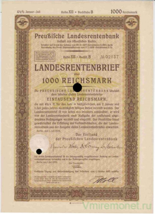 Облигация. Германия. Третий рейх. Прусский государственный пенсионный банк. Облигация на 1000 рейхсмарок с 1.07.1939 по 1.10.1943.