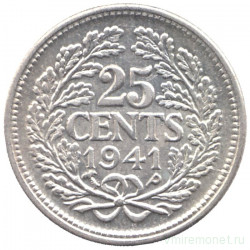 Монета. Нидерланды. 25 центов 1941 год. Серебро. 