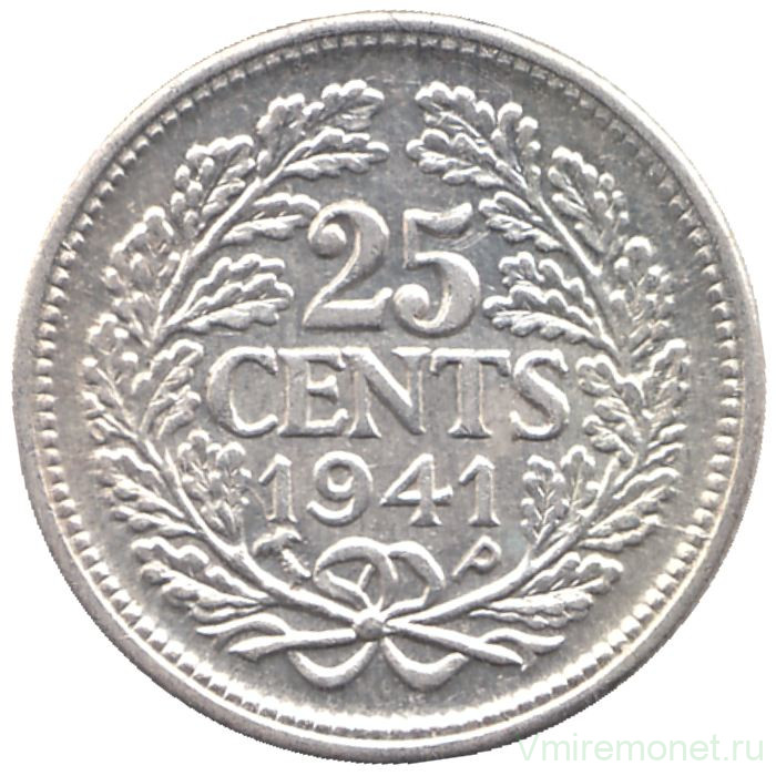 Монета. Нидерланды. 25 центов 1941 год. Серебро. 