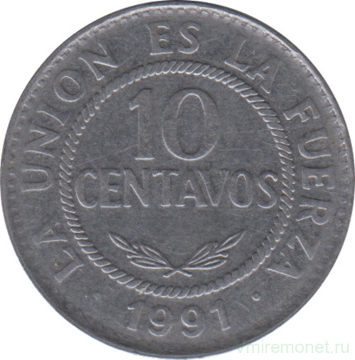 Монета. Боливия. 10 сентаво 1991 год.