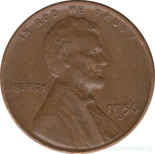 Монета. США. 1 цент 1956 год. Монетный двор D. Аверс - смещение D.