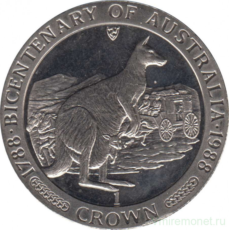 Монета. Великобритания. Остров Мэн. 1 крона 1988 год. 200 лет Австралии. Кенгуру.