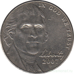 Монета. США. 5 центов 2007 год. Монетный двор D.
