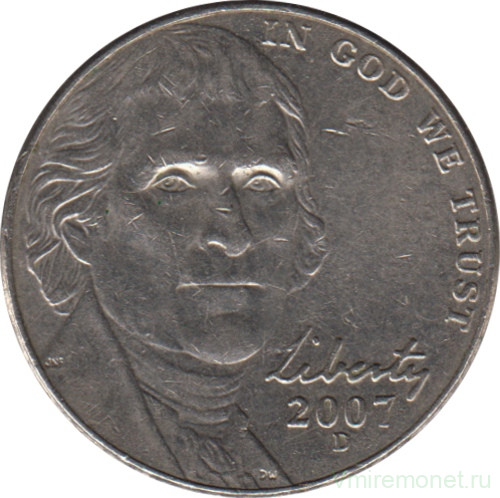 Монета. США. 5 центов 2007 год. Монетный двор D.