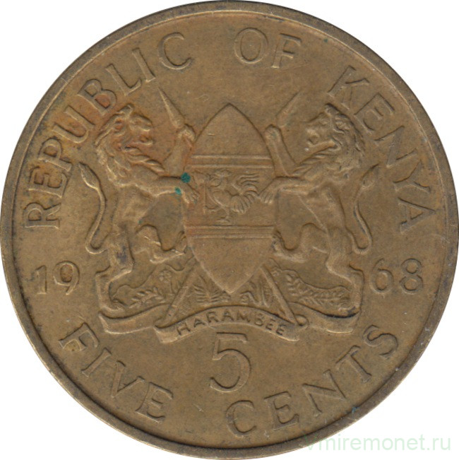 Монета. Кения. 5 центов 1968 год.