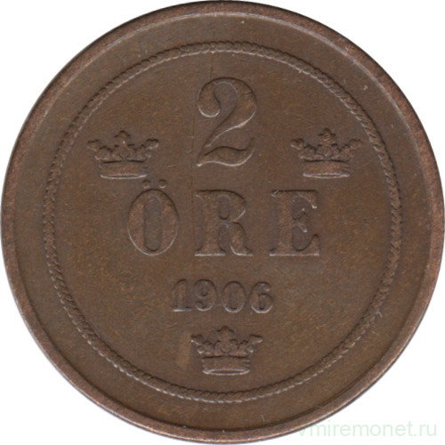 Монета. Швеция. 2 эре 1906 год.