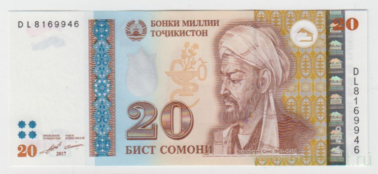 Банкнота. Таджикистан. 20 сомони 2017 год.