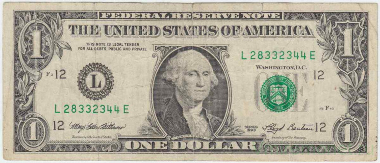 Банкнота. США. 1 доллар 1993 год. Серия L. Тип 490а. Банкнота. США. 1 доллар 1993 год. Серия L. Тип 490а.