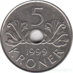Монета. Норвегия. 5 крон 1999 год.