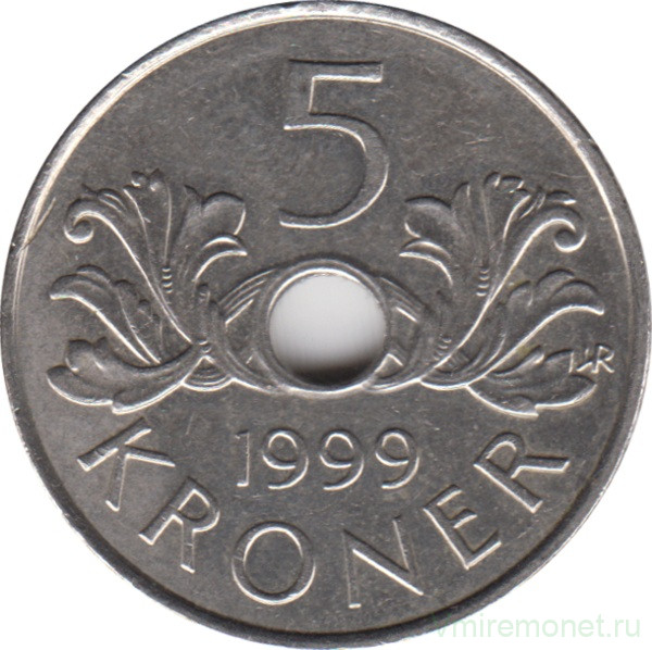 Монета. Норвегия. 5 крон 1999 год.