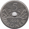 Монета. Норвегия. 5 крон 1999 год. ав.