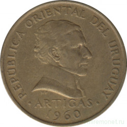 Монета. Уругвай. 10 сентесимо 1960 год.