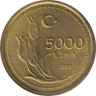 Монета. Турция. 5 000 лир 1995 год. Мелкая дата. ав.