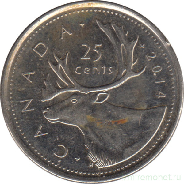Монета. Канада. 25 центов 2014 год.
