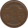Монета. Германия. Веймарская республика. 2 рейхспфеннига 1925 год. Монетный двор - Карлсруэ (G). ав.