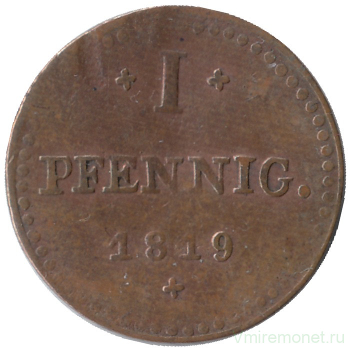Монета. Германия. Гессен-Дармштадт. 1 пфенниг 1819 год. "G H S M".