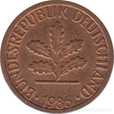 Монета. ФРГ. 1 пфенниг 1986 год. Монетный двор - Штутгарт (F).