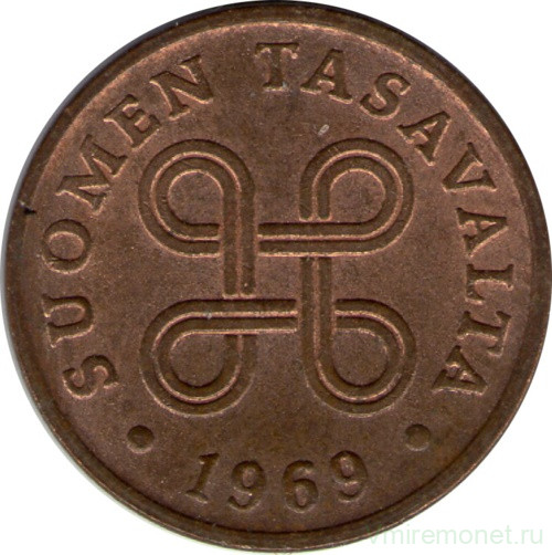 Монета. Финляндия. 1 пенни 1969 год (медь).