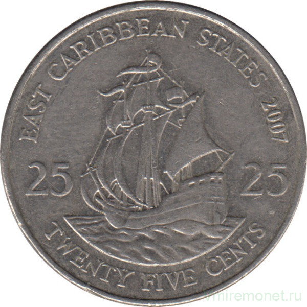 Монета. Восточные Карибские государства. 25 центов 2007 год.