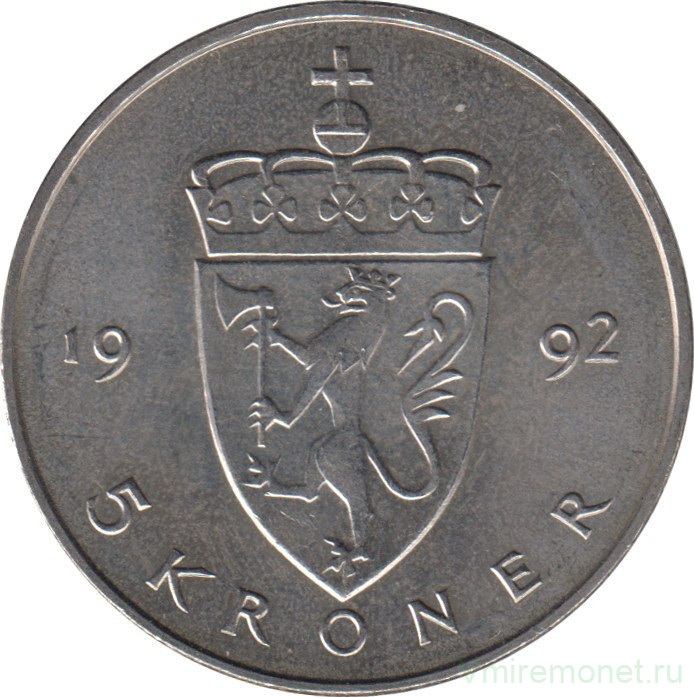 Монета. Норвегия. 5 крон 1992 год.