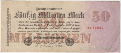 Банкнота. Германия. Веймарская республика. 50 миллионов марок 1923 год. Серийный номер - цифра, буква, шесть цифр (красные,мелкие).