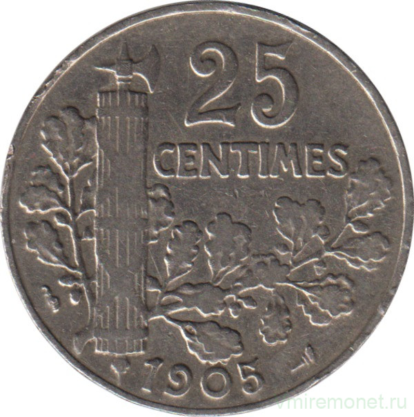 Монета. Франция. 25 сантимов 1905 год.