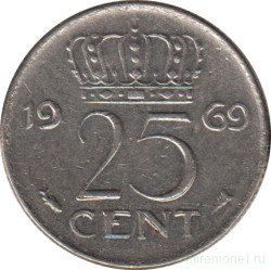 Монета. Нидерланды. 25 центов 1969 год. Рыба.