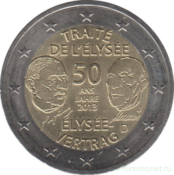 Монета. Германия. 2 евро 2013 год. 50 лет подписанию Елисейского договора (J).