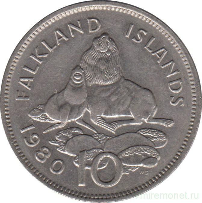 Монета. Фолклендские острова. 10 пенсов 1980 год.