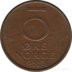 Монета. Норвегия. 5 эре 1975 год.