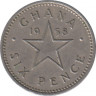 Монета. Гана. 6 пенсов 1958 год. ав.