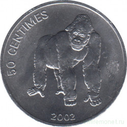 Монета. Конго. 50 сантимов 2002 год. Животные. Горилла.