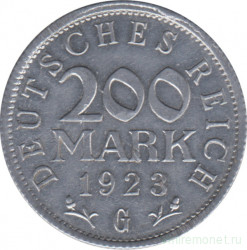 Монета. Германия. 200 марок 1923 год. Монетный двор - Карлсруэ (G).