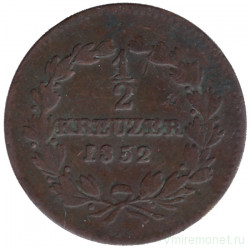 Монета. Германия. Баден. 1/2 крейцера 1852 год.