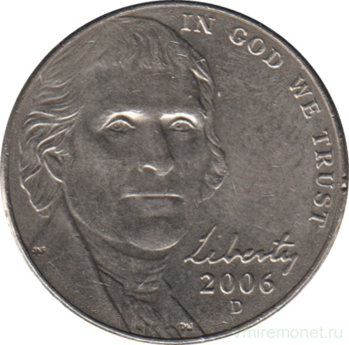 Монета. США. 5 центов 2006 год. Монетный двор D.