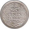 Монета. Нидерланды. 25 центов 1944 год. ав.