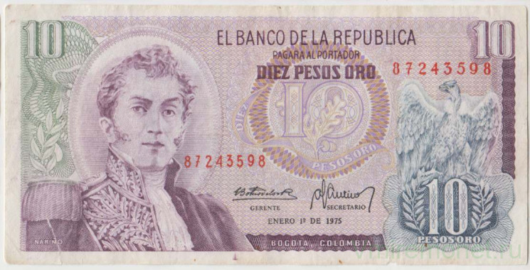 Банкнота. Колумбия. 10 песо 1975 год. Тип 407f.