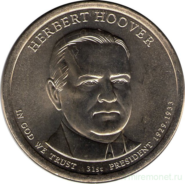 Монета. США. 1 доллар 2014 год. Президент США № 31, Герберт Гувер. Монетный двор D.
