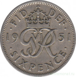 Монета. Великобритания. 6 пенсов 1951 год.
