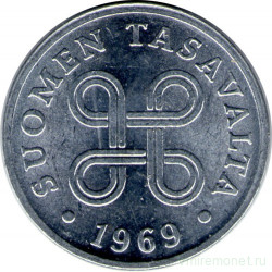 Монета. Финляндия. 1 пенни 1969 год (алюминий).